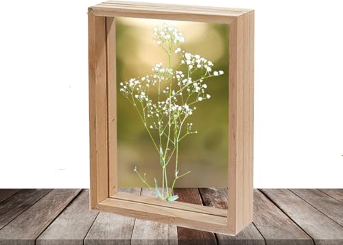 Image of Desi Rang Wooden Rectangular Frame For Wall Decor Table Top Hanging Any Green Or Dry Plant Leaf Picture Photo DIY Gift Home Decoration (Natural,Rec,7.7X5.5 Inch,With White Flower)