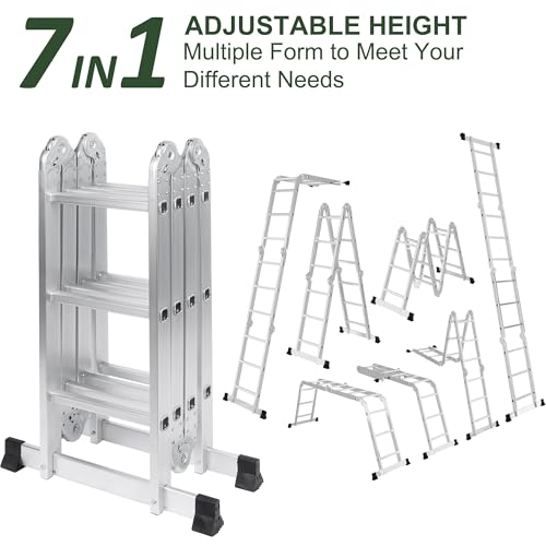 Comie 330lb 12.5ft Multi Purpose Aluminum Extension 7 in 1 Folding Step Ladder Foldable Lightweight Scaffold Ladder
