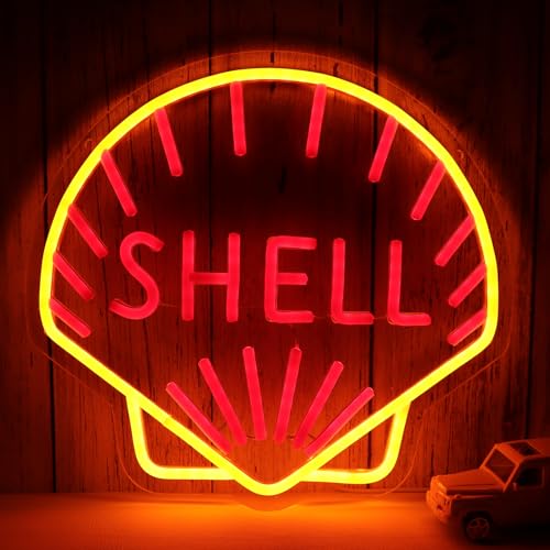 Image of WonderfulLife Shell Oil Logo Neon Sign for Garage Decor,Led Signs for Bar Man Cave Wall Decor,Lube Store or Gasoline Station Display Lighting,Orange and Red,Easy Hanging.