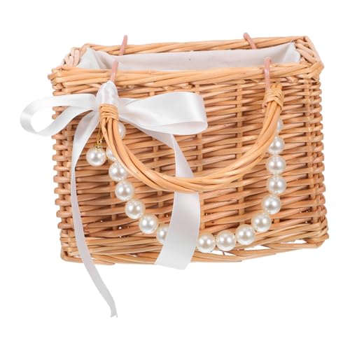 IMIKEYA Flower Girl Basket Wedding Decorative Woven Pearl Handle Handbag for Weddings Picnics and Home Decor Charming Willow Basket with Elegant Ribbon Bow