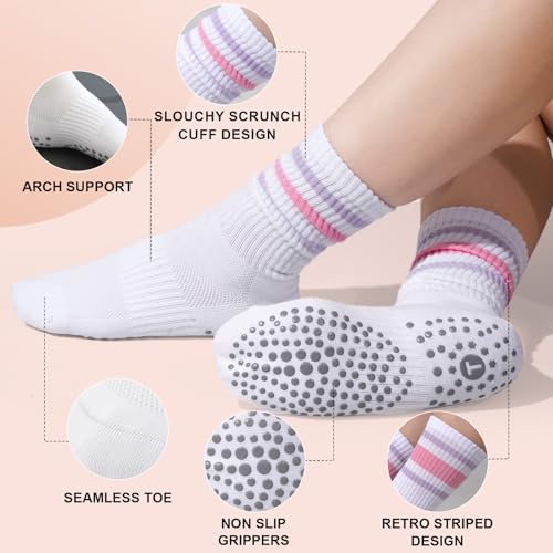 Image of Toes Home Pilates Socks for Women with Non Slip Grippers, Yoga Crew Socks for Barre Hospital Sticky Slipper Socks 4 Pairs