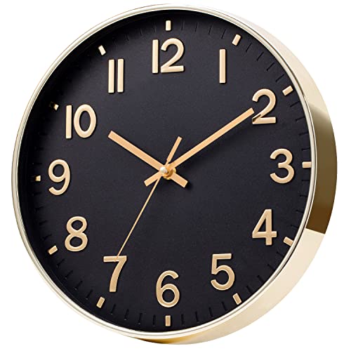 Reloj de pared de 12 pulgadas, silencioso, grande, para sala de estar, oficina, hogar, cocina, decoración, estilo moderno, fácil de leer, dorado