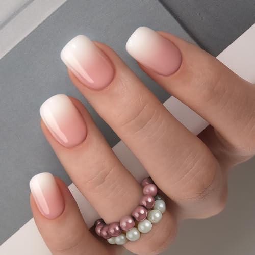 Image of CurvLife Nude Ombre Press On Nails Extra Short - 30PCS Short Square Soft Gel Fake Nails, Natural Gradient Glue On Nails Kit for Women, Easy At-Home Salon Manicure (Nude White)