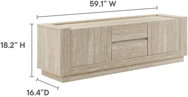 Pemberly Row Modern Wood TV Stand, 59 in Media Console, Travertine Laminate Finish, 2 Doors, 2 Drawers, Plinth Base, Contemporary Entertainment Center for Living Room or Home Theater Storage