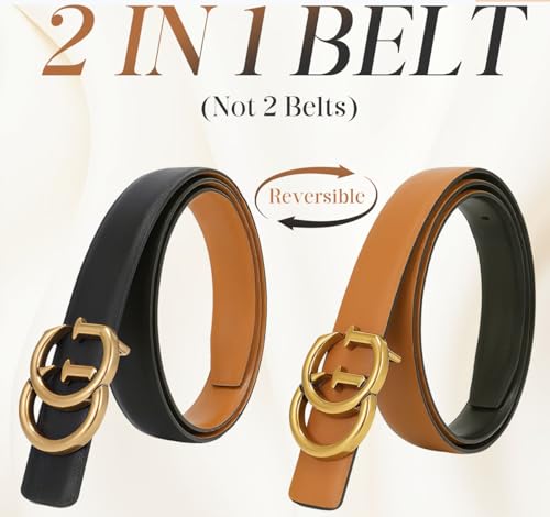 Women Reversible Leather Belt with Fashion G Gold Buckle for Dresses, Jeans, and Coats,width 0.9"2