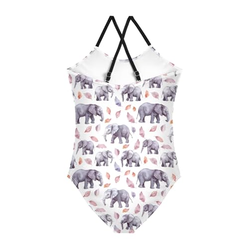 senya Girls Swimsuits One-Piece Swimwear Tie Bathing Suit Beach Summer Round Neck 5-6T Elephants and Autumn Leaves Pattern2