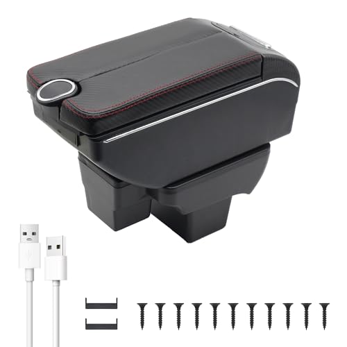 Car Armrest Box for VW Polo 2019-2024 Automotive Accessories 7USB Ports Carbon Fiber Leather Armrest Organizer Storage Box with Cup Holder