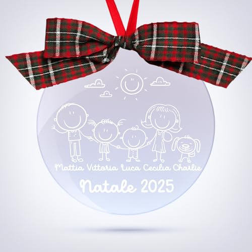 Memotak - Pallina Natale Famiglia | Decorazioni personalizzate famiglia Animali Cane Gatto NASCITA Pallina di Natale in plexiglass rifinita a mano con Fiocco Tartan e cordino (Famiglia)