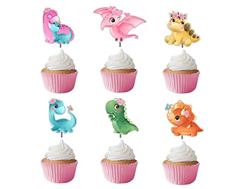 Dinosaur Cupcake Toppers 12 Pack – Baby Dino Cake Picks for Birthday Party, Cute Pastel Dino Decorations for Boys & Girls, Baby Shower & T-Rex Theme