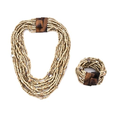 Collar de cuentas de semillas beige de 18 pulgadas y pulsera elástica multi strand para mujer