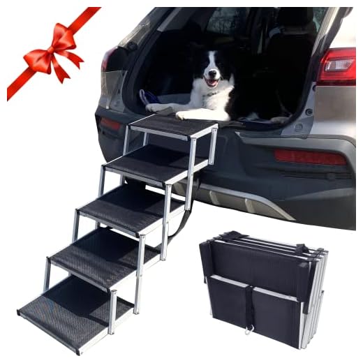 maxpama Folding Dog Car Ramp with Portable Aluminum Fram for Large Dog, Foldable Pet Step Stairs with Nonslip Surface for High Beds, Trucks, Cars and SUV, Lightweight Pet Ladder Support 150-200 Lbs
