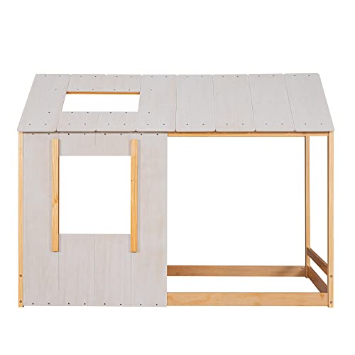 Twin House Bed For Kids, Wooden Twin Floor Bed Frame With Roof And Window, For Girls Boys (Twin Size, Natural+Antique White) #TOP5