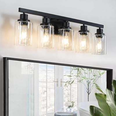 DIKAIDA 5-Light Black Bathroom Vanity Light, Modern Vanity Lighting Fixture for Bathroom, 31" Matte Light Fixture, Wall Sconces with Clear Glass Shade, Black Bathroom Wall Light Over Mirror