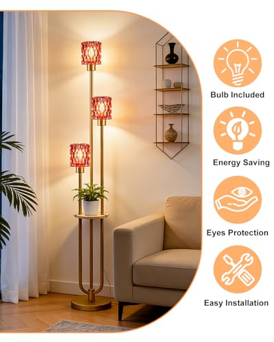 Image of 62IN Gold Floor Lamp with Deep Red Glass Shade 3-Lights Mid-Century Modern Farmhouse Floor Lamps with 3000K Warm White Bulbs, Tall Standing Lamp with 5Lbs Heavy Base for Living Room /Bedroom