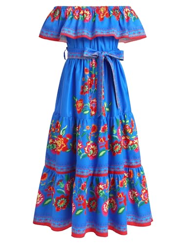 Image of EFOGEP Girls Mexican Dress: Summer Boho Floral Drape Off Shoulder Traditional Cinco De Mayo Fiesta Folklorico Dresses Bohemian Birthday Party Long Maxi Dress with Belt Blue 5-6 Year