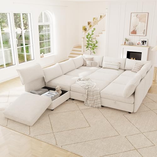 Image of Oversized Chenille Modular Sectional Sofa Bed Hidden Storage, Convertible L U Shaped Sleeper Couch, 10 Seat Modern Modular Sectional Sofa with Removable Covers & Ottoman Chaise, for Living Room, Beige