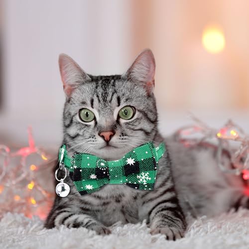 4 coleiras de Natal para gatos, coleira de gato com sinos e gravata borboleta xadrez, coleira ajustá