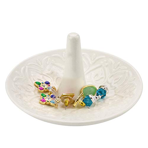 Mygift Decorative White Ceramic Ring Tray For Jewelry, Ring Cone And Trinket Tray With Raised Heart Design #TOP5