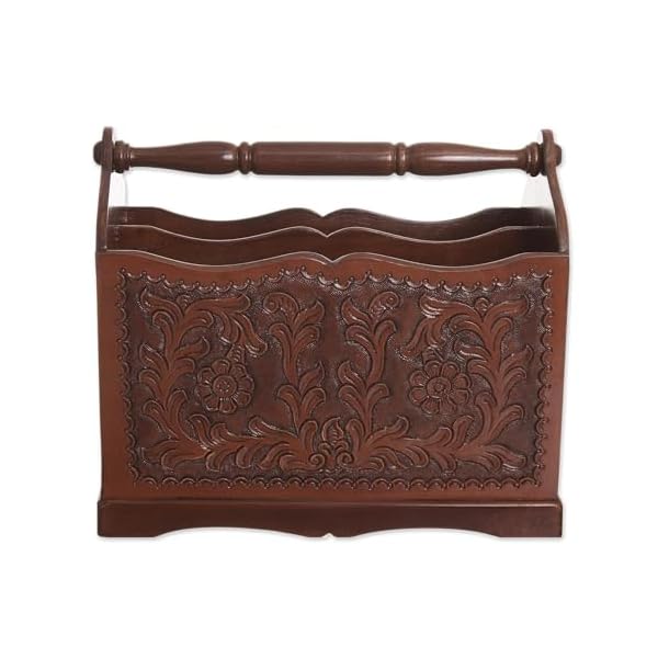 Novica artisan handmade wood leather magazine rack brown leatherwood peru furniture accessories cognac floral 1375in h x 1575in w x 975in d iquilla  urban country home decor