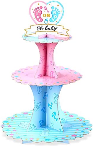 Gender Reveal Party Cupcake Stand Decorations, Blue and Pink 3 Tier Baby Shower Cupcake Toppers Tower Cardboard Supplies for Boy Girl Baby Gender Reveal Birthday Party Favors