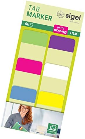 Sigel HN203 Tab Markers, Index Tab Flags, Extra-Strong, Removable, Transparent with Colored Tips (red, Magenta, Blue, Cyan, Green, Yellow), 0.89 x 1.5 inches, 60 tabs on six Small Boards