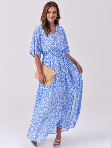 Image of ANRABESS Womens Boho Floral Wedding Guest Maxi Dress | Flowy A-Line Chiffon with Slit, Elegant V Neck Wrap Elastic Waist, Casual 1 /2 Sleeve Spring Summer Outfits, Tea Party