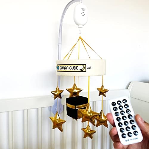 Quran Cube Baby Cot Mobile - Islamic Kaaba Quran and Nasheeds - Full Quran (114 surahs) Recited - Remote Control - Rechargeable Baby Cot- Gift for Newborn, White