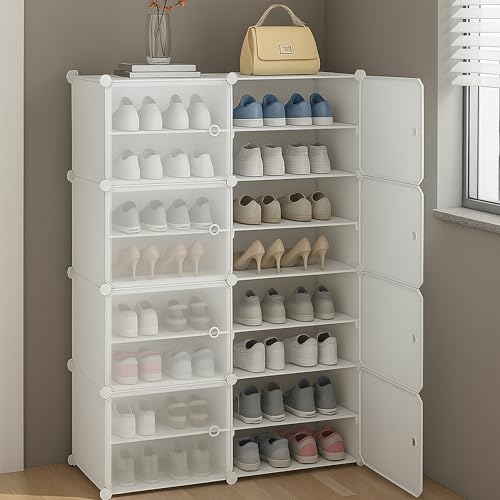 Image of AYSIS Plastic Shoe Rack for Home | 𝟏𝟔 𝐒𝐡𝐞𝐥𝐟 Shoe Rack with Door 𝐌𝐚𝐠𝐧𝐞𝐭𝐬 for Home Storage Plastic Box Organizer, Metal Door Frame, Chappal Slipper Sandals Stand (White, 16-Shelf-8-Door)