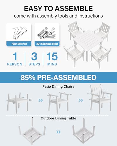 Image of YEFU HIPS Patio Table Set: 5 Piece Outdoor Square Table and Chairs with Metal Aluminum Frame - White Modern Plastic Patio Dining Furniture Set 4 Person for Outside Deck