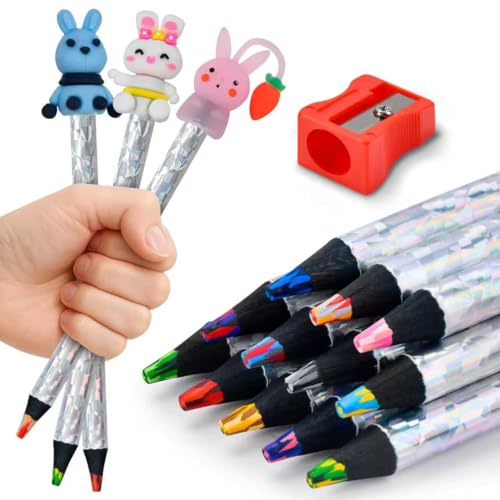 FilmHOO Easter Basket Stuffers for Teens Kids Children Easter Gifts for Kids,Art Supplies,12 Rainbow Colored Pencils With Cute Pencil Cap,sharpener,Arts And Crafts 4-12 Year Old Party Favors