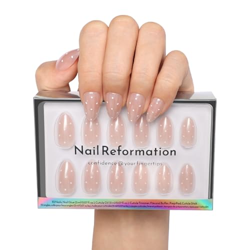 Nail Reformation Press On Nails Milk Dots | Polka Dot Short Almond Fake Nails on Pink Shimmer Base in Glossy Finish Reusable Stick On False Nails in 16 Sizes - 32 Nail Kit with Glue Gifts for Women