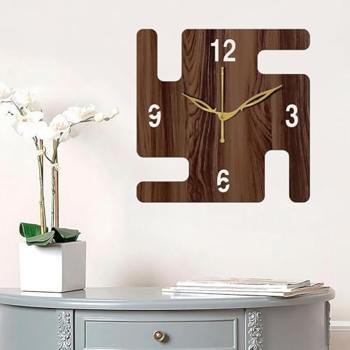 Image of SKYVILLA 12 Inch Wooden MDF Swastik Analog Wall Clock with English Numerals, Romans | Silent Quartz Movement | Lightweight Without Glass Design