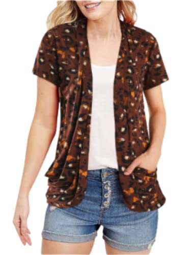 Women's Cardigans Short Sleeve Summer Lightweight Sheer Open Front Drape Leopard Printed Casual Blouses Tops #TOP26