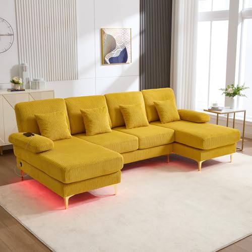 PUGSDRLY Sofá esquinero 4 plazas en forma de U con LED ajustable, puertos USB-C,4 cojines cómodos, 2 meridianos, sofá de esquina, muebles de salón para sala de estar, oficina (amarillo)