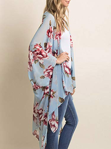 Blusa feminina casual de chiffon com estampa floral e cardigã tipo quimono, Light Blue, Large