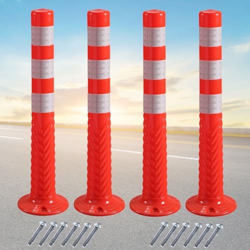 Flexible Plastic Safety Bollards for Parking Lots - Reflective Driveway Security Posts with Mounting Bolts