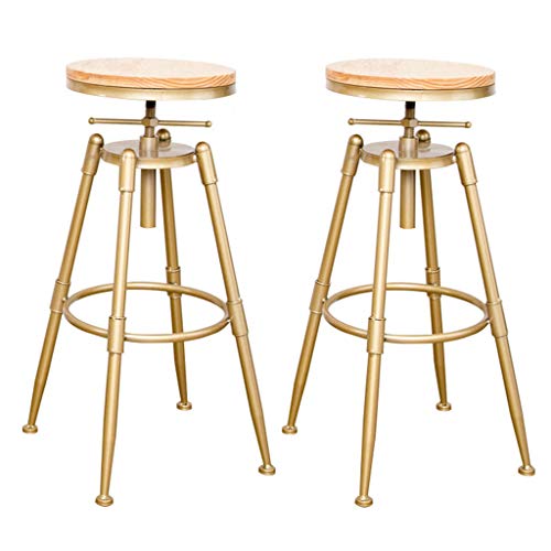 Taburete de bar giratorio industrial, taburete alto casual para mostrador de desayuno, pub, cocina, asiento de madera, patas de metal dorado, altura ajustable de 66 a 76 cm