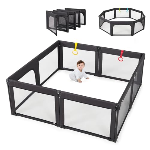 Image of Foldable Baby Playpen, Shape & Size Adjustable Playpen for Toddler, 59x71 Large Play Pens Safety Mesh Foldable Playard for Babies, Portable Baby Fence Play Area Kids Play Pen, Black