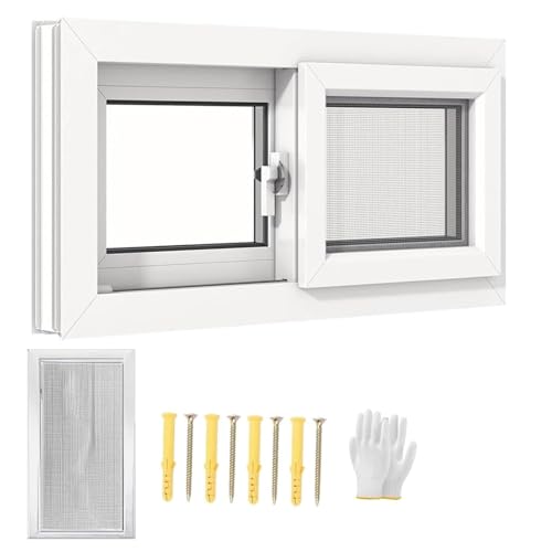Basement Window for Houses Sliding Window with Screen 20"x18" 27"x16" 28"x18" 32"x22" Double Pane Insulated Tempered Glass Shed Window for Chicken Coop, Playhouse(White,W 28" x H 22")
