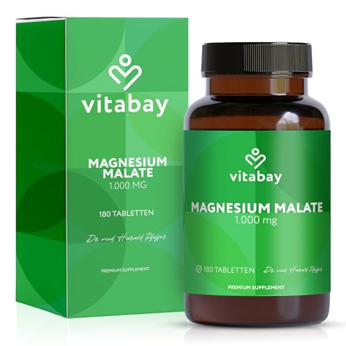 Vitabay Magnesium Malat 1000mg Hochdosiert - 180 Tabletten Vegan & Laborgeprüft - Magnesium Hochdosiert Kapseln - Trägt zu einem normalen Energiestoffwechsel und einer normalen Muskelfunktion bei Vitabay Magnesium Malat 1000mg Hochdosiert - 180 Tabletten Vegan & Laborgeprüft - Magnesium Hochdosiert Kapseln - Trägt zu einem normalen Energiestoffwechsel und einer normalen Muskelfunktion bei