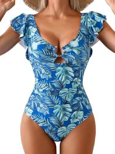 Image of Eomenie Womens Ruffled One Piece Swimsuit Slimming Tummy Control Bathing Suit V-Neck Cutout Swimwear for Resort Wear