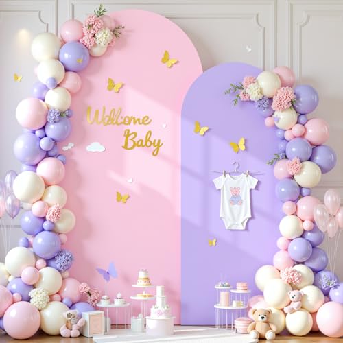 Image of Pink Purple Arch Cover 2 Set-7.2 and 6ft Arch Backdrop Cover Spandex Fitted Baby Shower Arch Stand Covers for Girls Birthday Party Wedding Bridal Shower Banquet Photo Arch Covers Stretchy Backdrop
