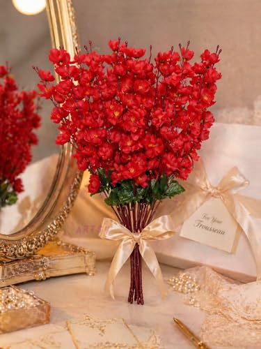 Image of ARTSY Artificial Flowers Bunch for Decoration Cherry Blossom, Ideal for vase, Home, Office Decor, Gifts, Craft, Artificial Plants for Decoration, Without vase, Red, Combo, 2 Piece, 55 cm Height |