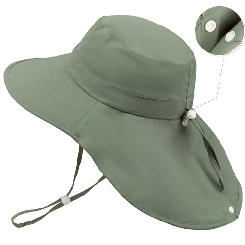 HONGTEYA Baby Toddler Sun Hat Summer Adjustable Bucket Hats with UPF 50+ Wide Brim for Kids Boys Girls 1-12 Years Army Green