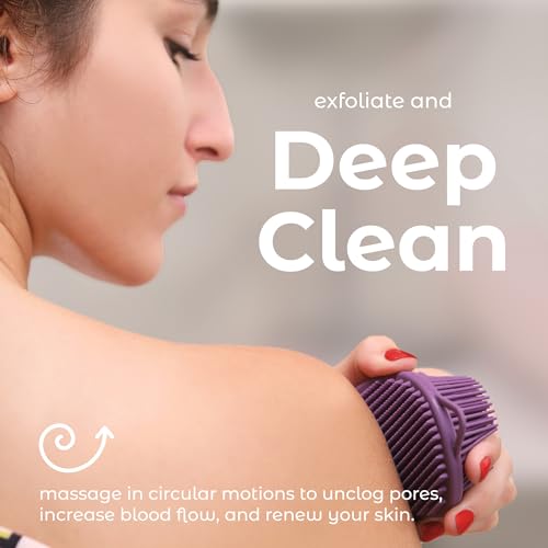 Image of MainBasics Exfoliating Silicone Body Scrubber Pro 2-in-1 Shower Scrubber for Body Care, Silicone Loofah and Body Exfoliator (Purple, Body + Exfoliate)