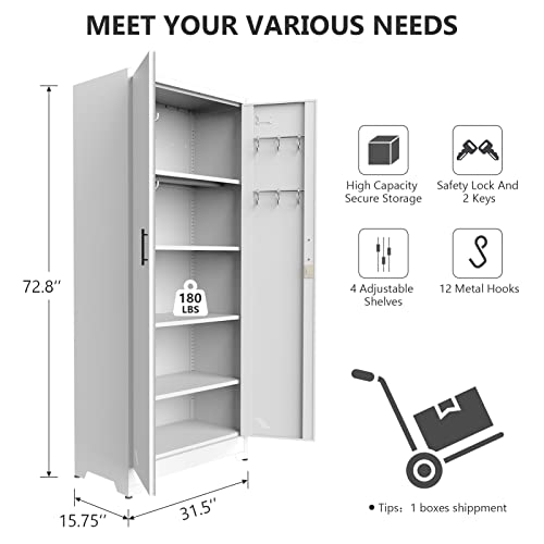 Lecut Metal Garage Storage Cabinet With Locking Doors And 4 Shelves Tool Kitchen Tall Lockable Storage Cabinets With Adjustable Legs And Keys For Warehouse Basement Home Office File (72.8" H White) #TOP2