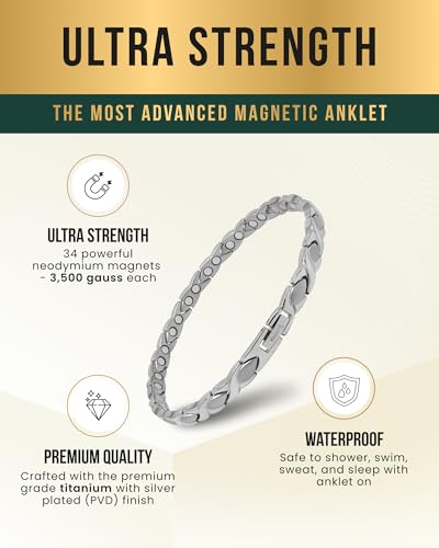 Image of MagnetRX Womens Magnetic Ankle Bracelet - Ultra Strength Magnetic Anklets with 34 Magnets - Titanium Ankle Bracelets for Women (Silver)