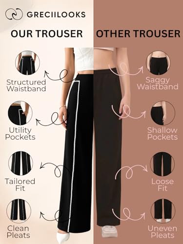 Image of GRECIILOOKS Trousers for Woman | Womens High Rise High Waist Flared Korean Style | Formal Pant for Women Office Wear| Track Pants for Womans Elegant for College & Events (Available in Plus Size)