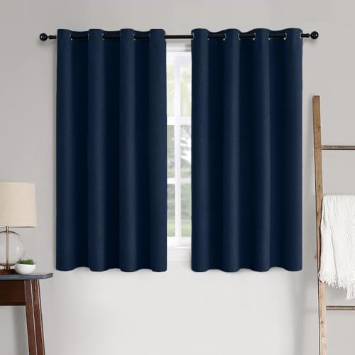 Image of MIULEE Linen Textured Curtains for Bedroom Solid 100% Blackout Thermal Insulated Midnight Blue Grommet Room Darkening Curtains & Drapes Luxury Decor for Living Room 52 x 63 Inch (2 Panels)