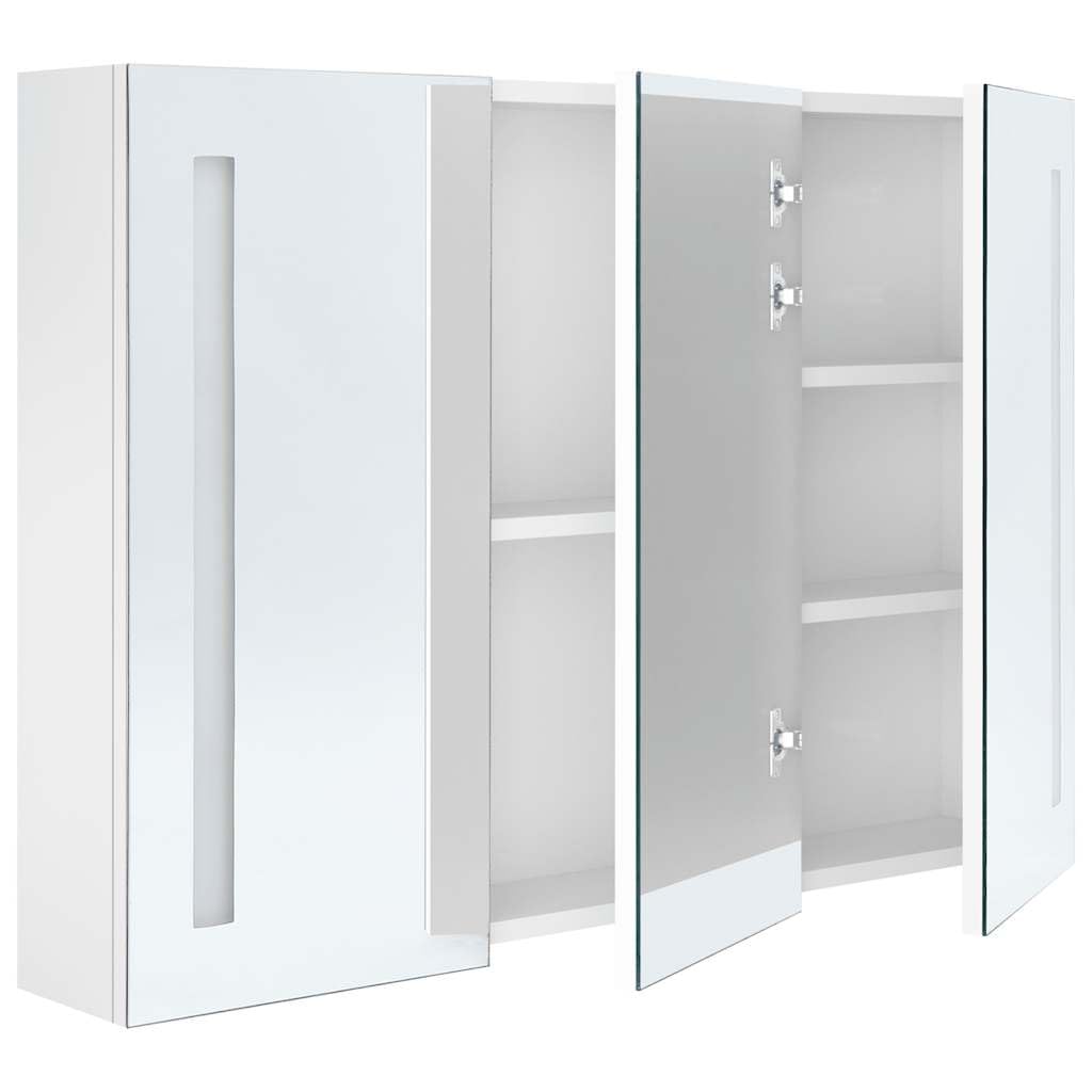 Armoire Miroir LED pour salle de bain, 89 x 14 x 62 cm, blanc brillant, y compris 3 portes, 5 étagères, port USB mural, design moderne, cadre en acier antirouille, dimensions standard pour